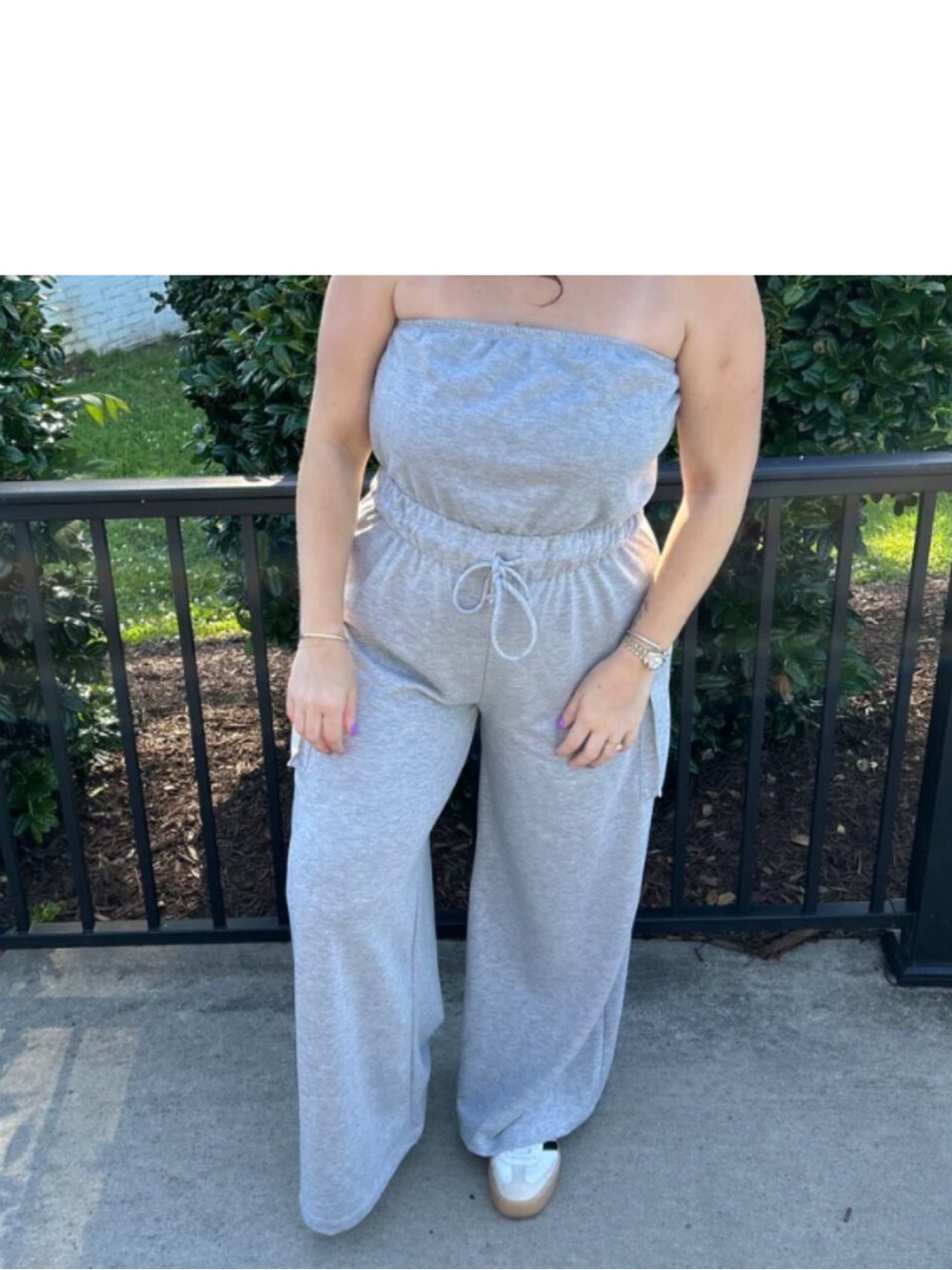 Modern Bucket List Gray Strapless Wide-Leg Jumpsuit